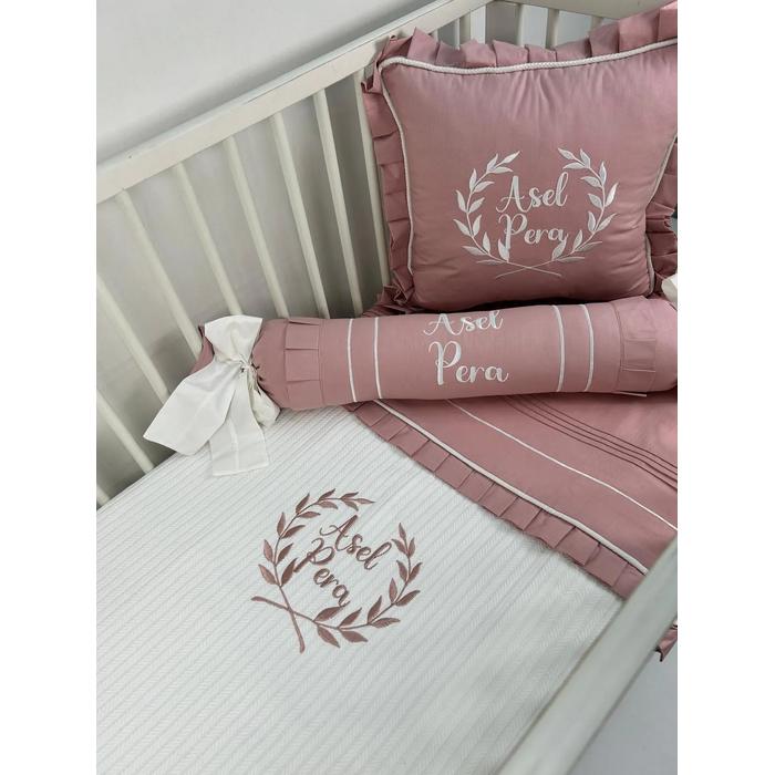 Pike takımı 5 parça beyaz örgü pike - gül kurusu poplin