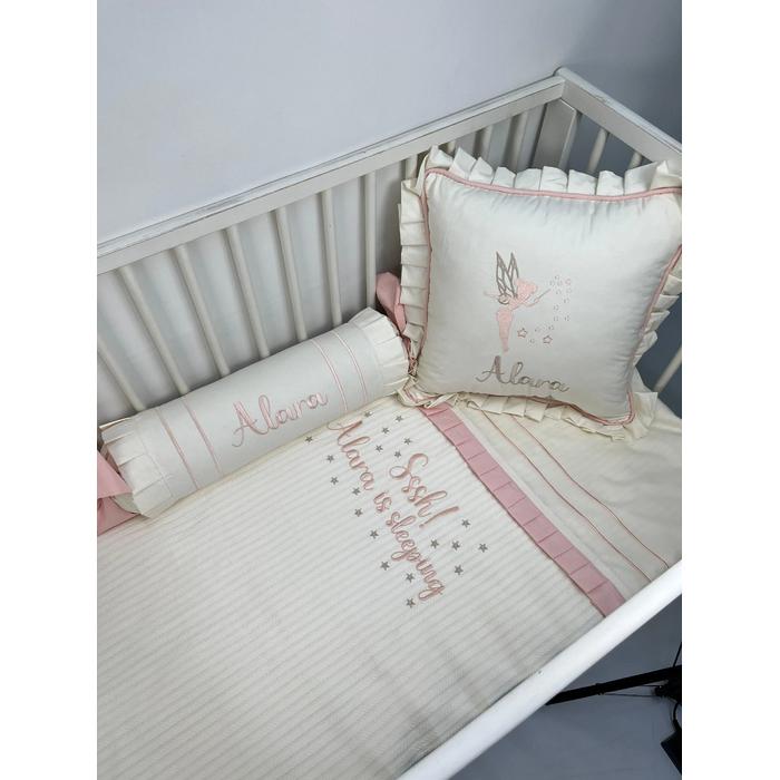 Pike takımı 5 parça beyaz örgü pike - krem ve somon rengi poplin