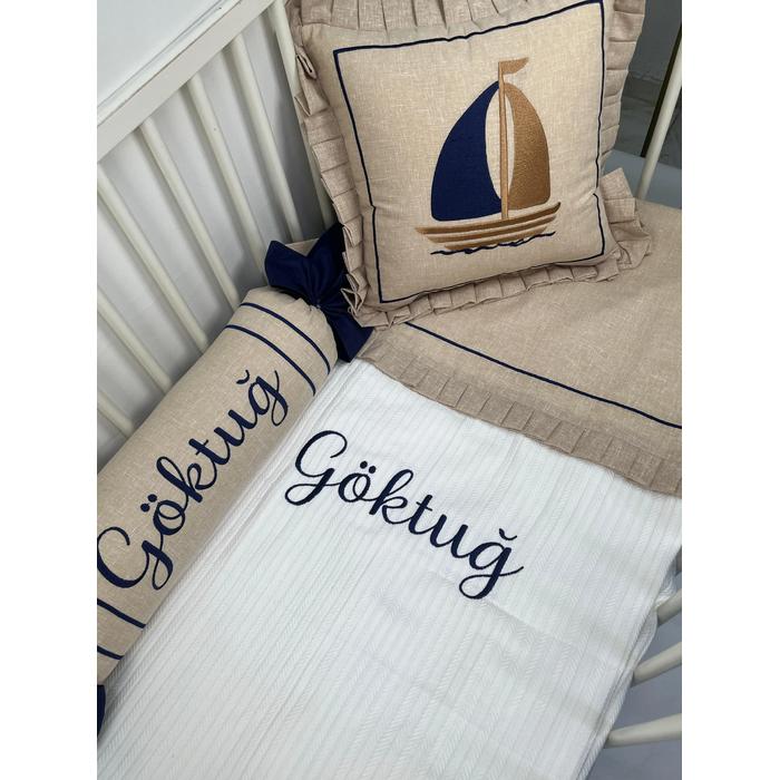 Pike takımı 5 parça beyaz örgü pike - koyu bej isviçre keteni