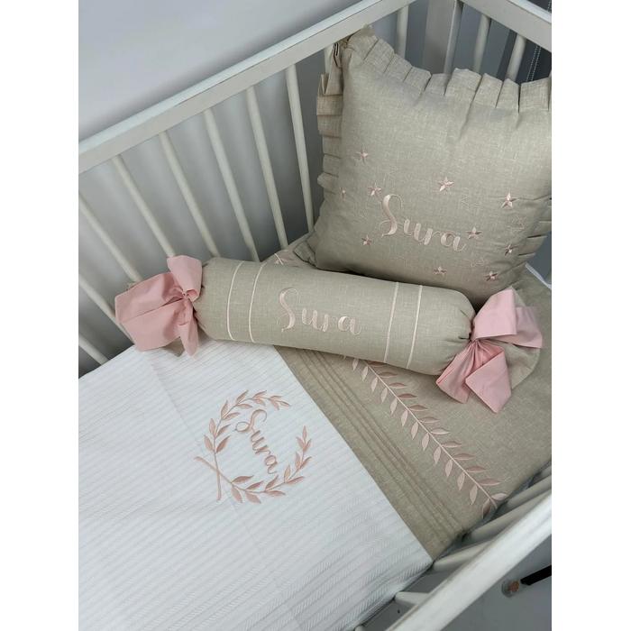 Pike takımı 5 parça beyaz örgü pike - bej isviçre keteni 2