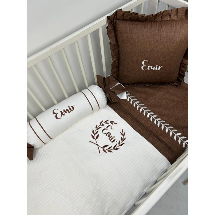 Pike takımı 5 parça beyaz örgü pike - kahverengi kırçıllı poplin