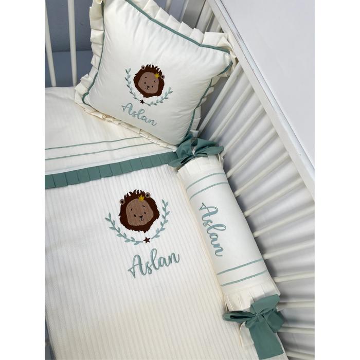 Pike takımı 5 parça krem örgü pike - krem ve yeşil rengi poplin