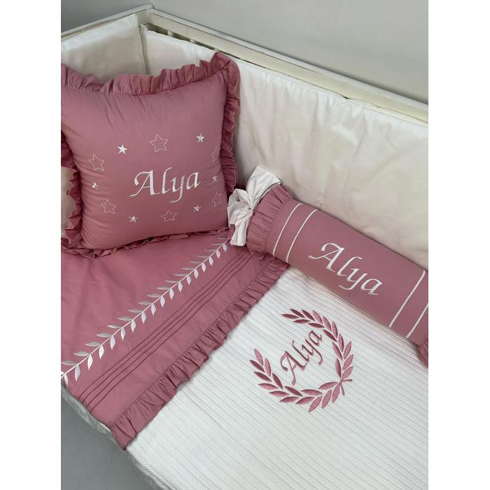 Pike takımı 5 parça beyaz örgü pike - gül kurusu poplin 2