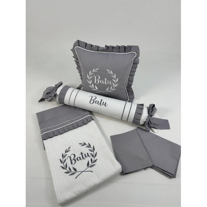 Pike takımı 5 parça beyaz örgü pike - koyu gri poplin