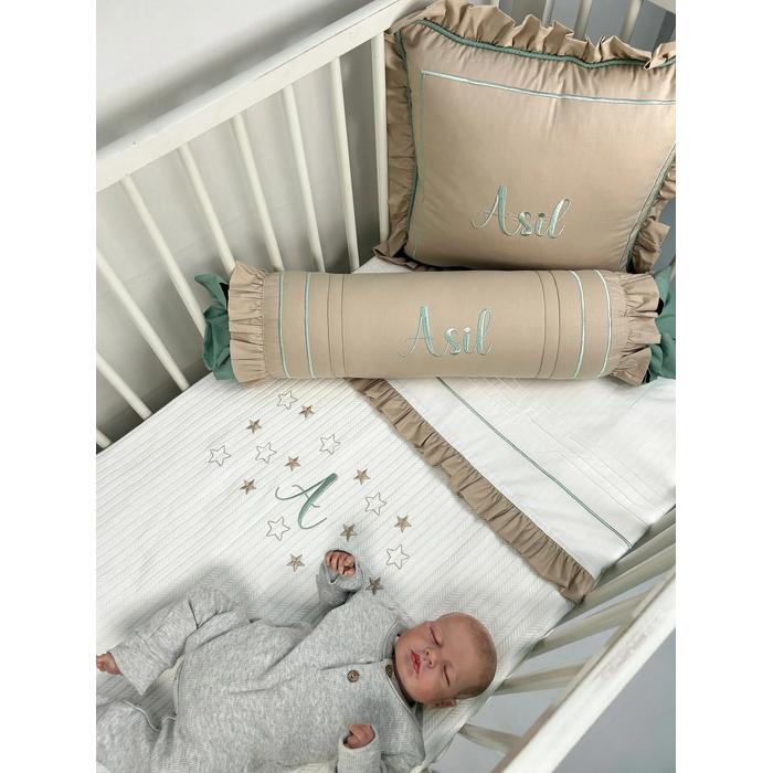 Pike takımı 5 parça beyaz örgü pike - bej poplin