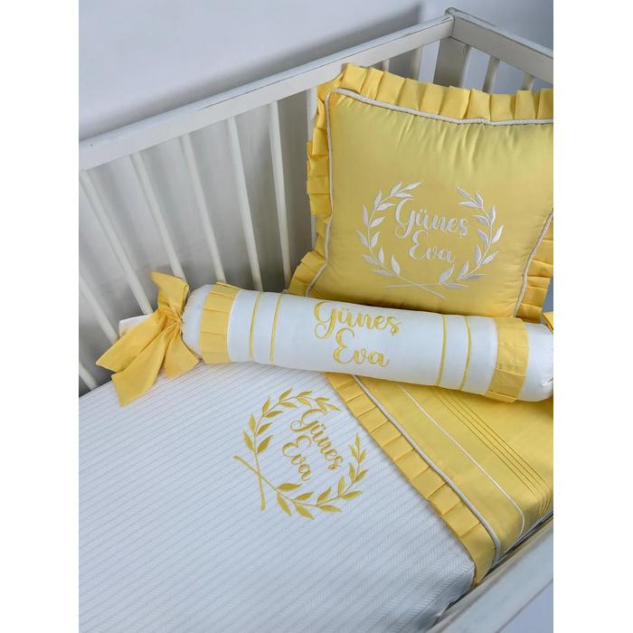 Pike takımı 5 parça beyaz örgü pike - sarı poplin