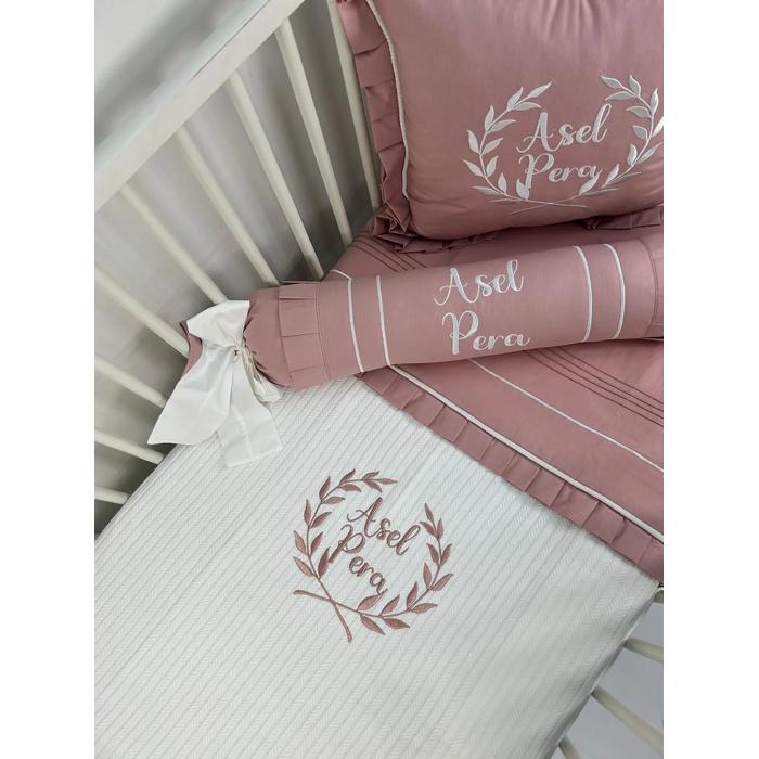 Pike takımı 5 parça beyaz örgü pike - gül kurusu poplin