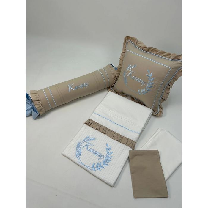 Pike takımı 5 parça beyaz örgü pike -mavi poplin