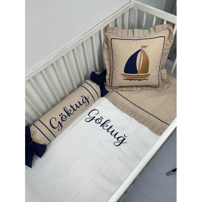 Pike takımı 5 parça beyaz örgü pike - koyu bej isviçre keteni