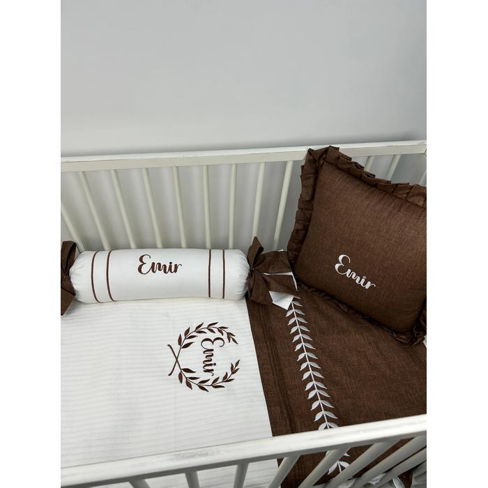 Pike takımı 5 parça beyaz örgü pike - kahverengi kırçıllı poplin