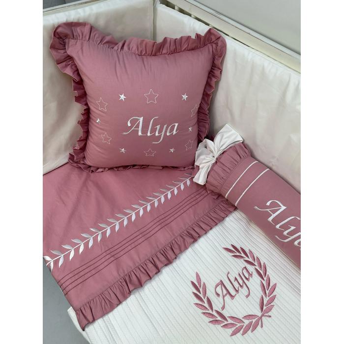 Pike takımı 5 parça beyaz örgü pike - gül kurusu poplin 2