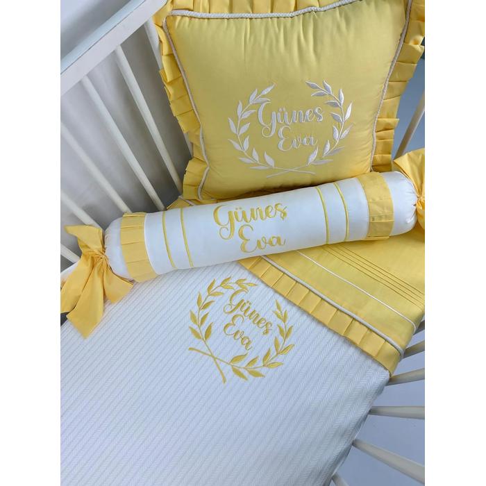 Pike takımı 5 parça beyaz örgü pike - sarı poplin