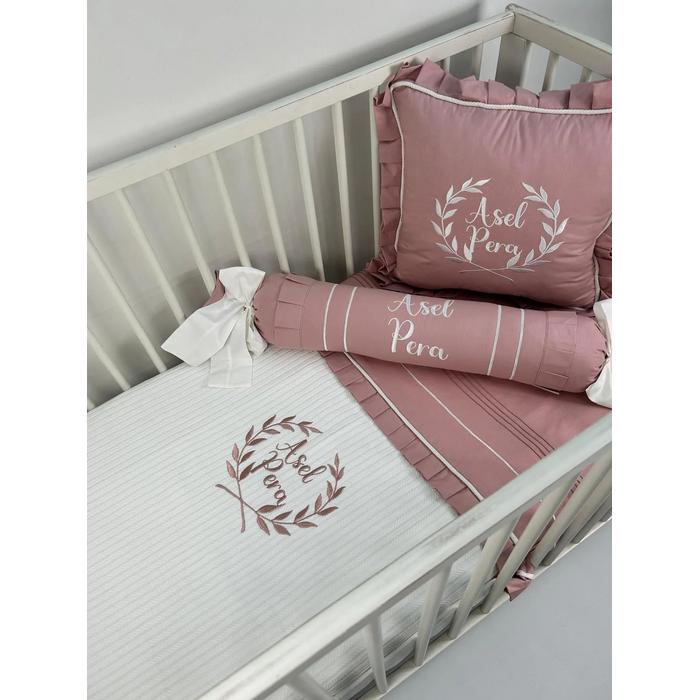 Pike takımı 5 parça beyaz örgü pike - gül kurusu poplin