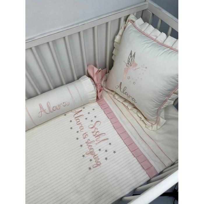 Pike takımı 5 parça beyaz örgü pike - krem ve somon rengi poplin