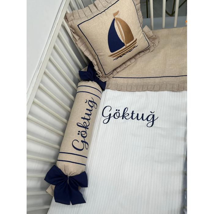 Pike takımı 5 parça beyaz örgü pike - koyu bej isviçre keteni