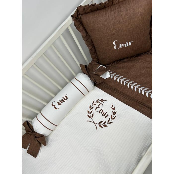 Pike takımı 5 parça beyaz örgü pike - kahverengi kırçıllı poplin