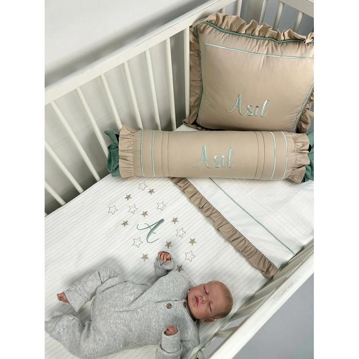 Pike takımı 5 parça beyaz örgü pike - bej poplin