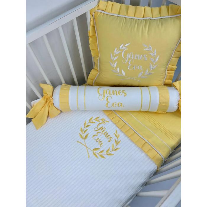 Pike takımı 5 parça beyaz örgü pike - sarı poplin