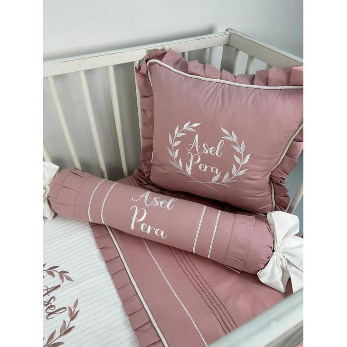 Pike takımı 5 parça beyaz örgü pike - gül kurusu poplin