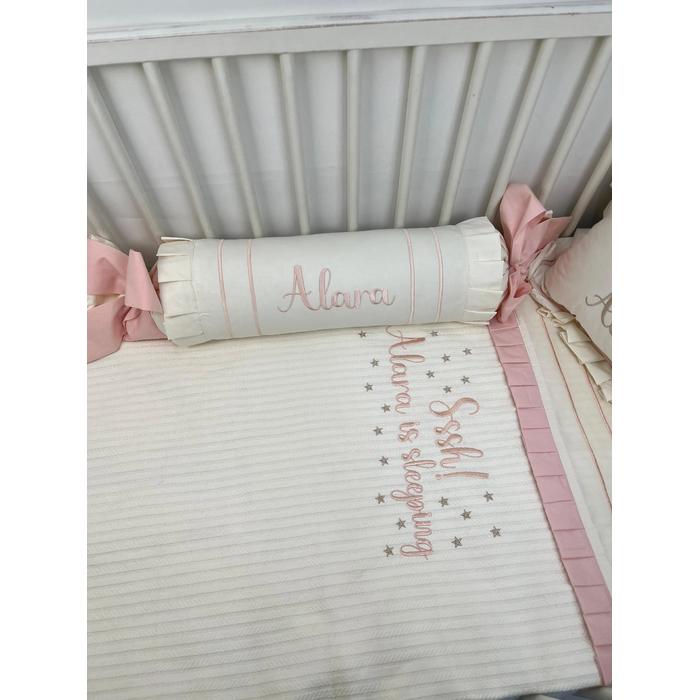 Pike takımı 5 parça beyaz örgü pike - krem ve somon rengi poplin