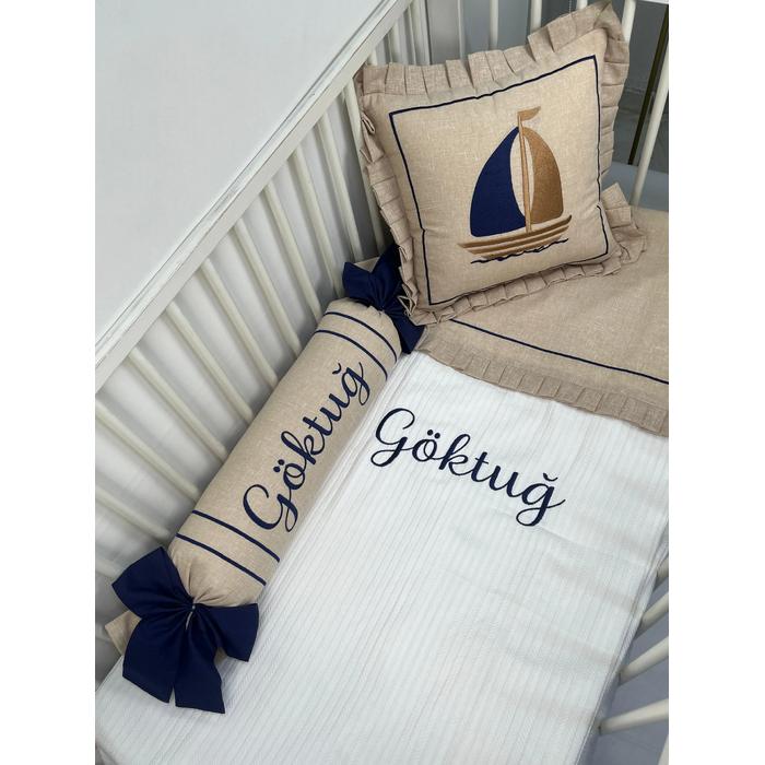 Pike takımı 5 parça beyaz örgü pike - koyu bej isviçre keteni