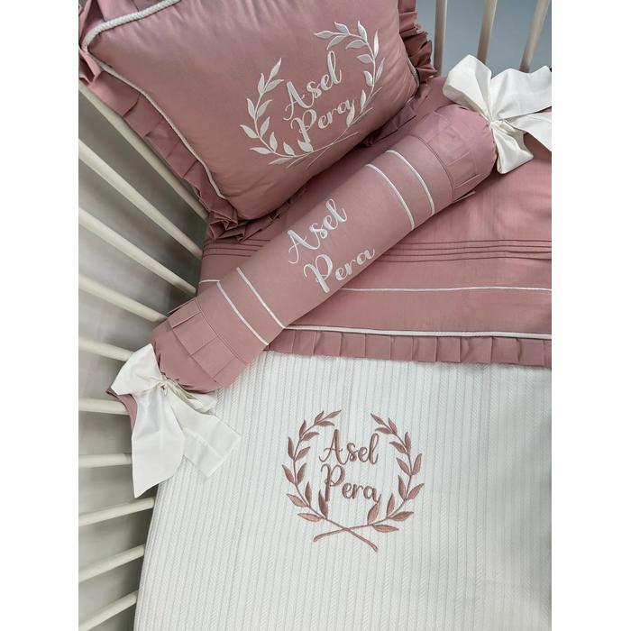 Pike takımı 5 parça beyaz örgü pike - gül kurusu poplin