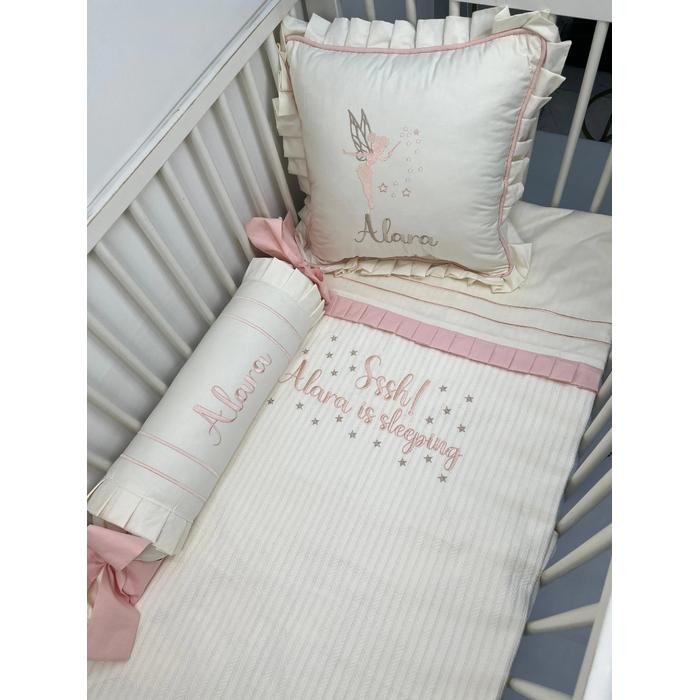 Pike takımı 5 parça beyaz örgü pike - krem ve somon rengi poplin