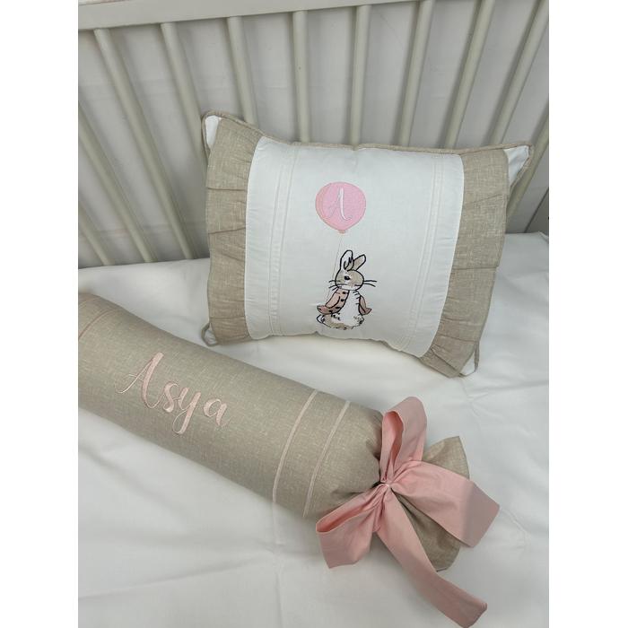 Pike takımı 5 parça beyaz örgü pike - bej isviçre keteni 3