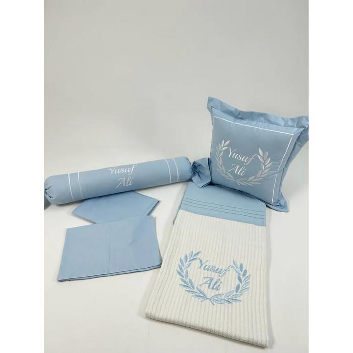 Pike takımı 5 parça krem örgü pike - mavi poplin 