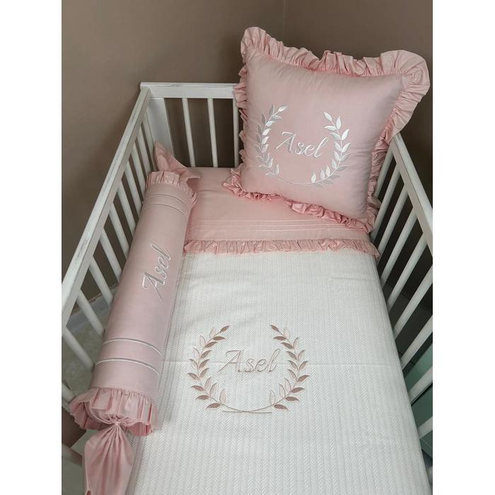 Pike takımı 5 parça krem örgü pike - somon poplin 3