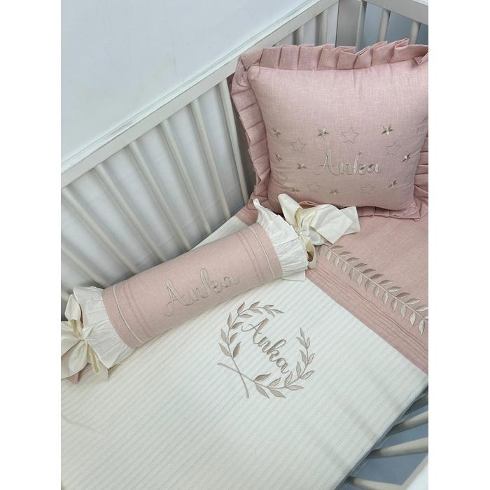 Pike takımı 5 parça krem örgü pike - pudra rengi isviçre keteni 