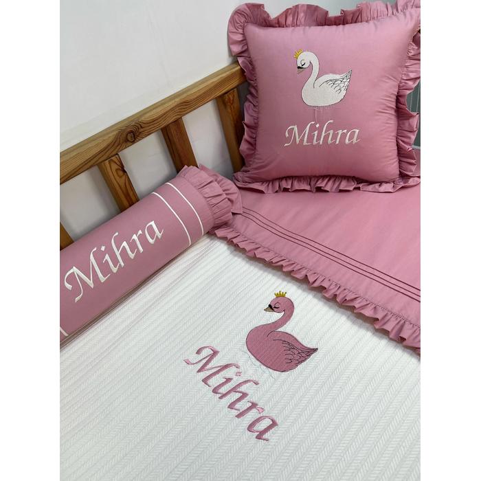 Pike takımı 5 parça krem örgü pike - gül kurusu poplin 2