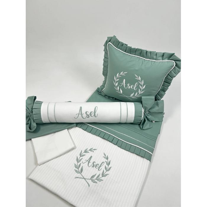 Pike takımı 5 parça beyaz örgü pike - yeşil poplin