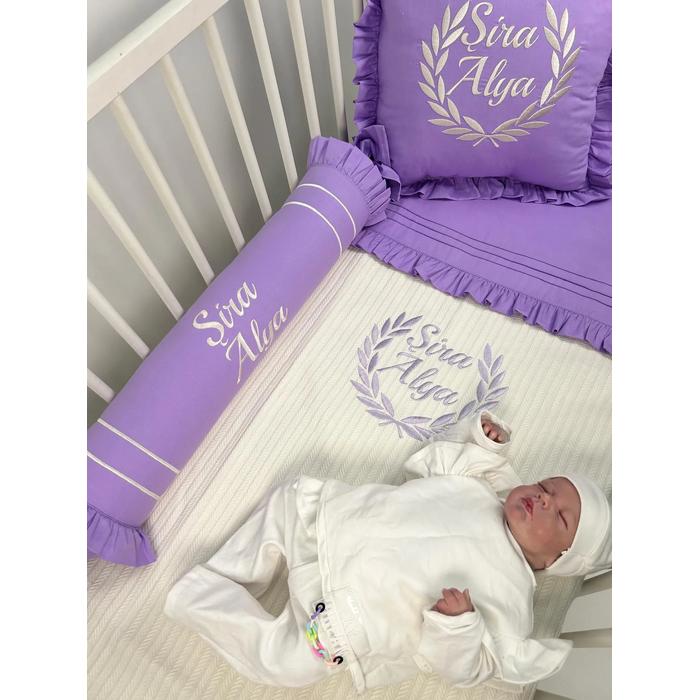 Pike takımı 5 parça krem örgü pike - mor poplin