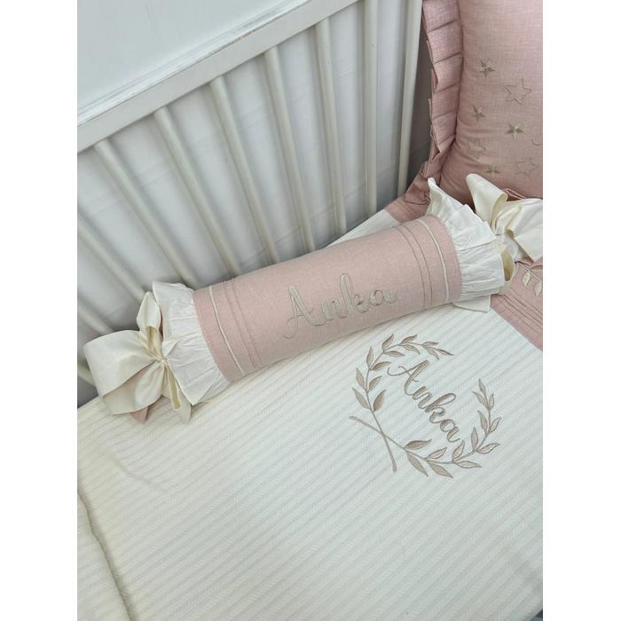 Pike takımı 5 parça krem örgü pike - pudra rengi isviçre keteni 