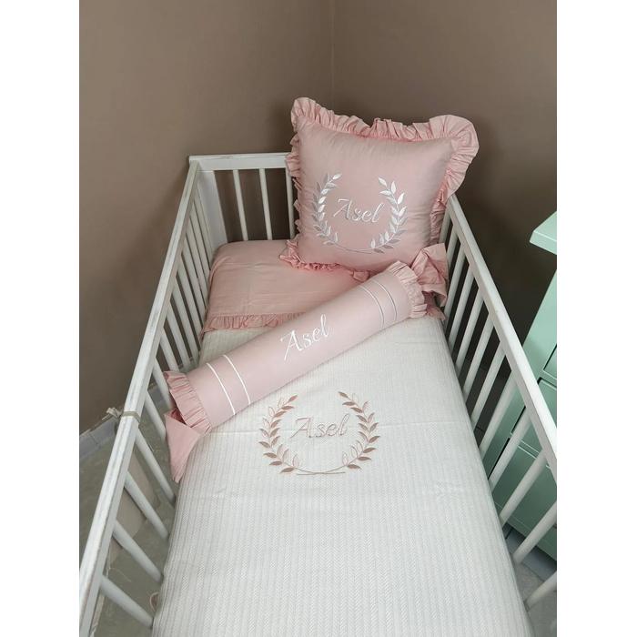 Pike takımı 5 parça krem örgü pike - somon poplin 3