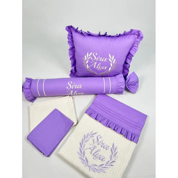 Pike takımı 5 parça krem örgü pike - mor poplin