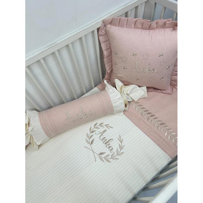 Pike takımı 5 parça krem örgü pike - pudra rengi isviçre keteni 