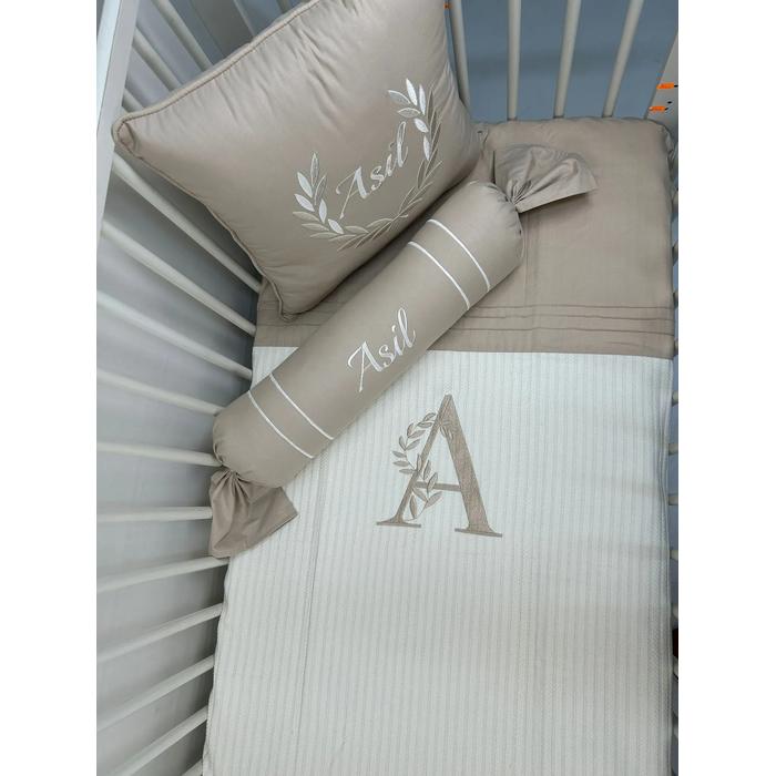 Pike takımı 5 parça krem örgü pike - bej poplin kumaş