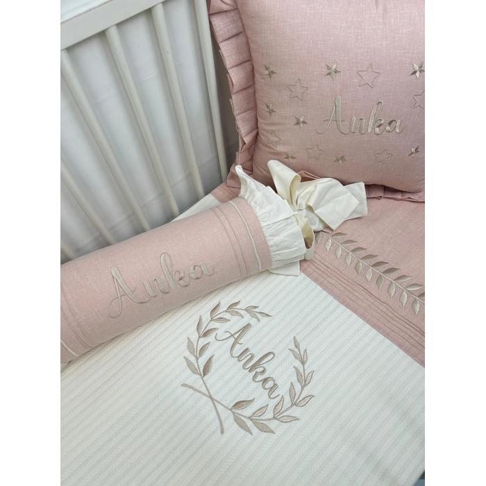 Pike takımı 5 parça krem örgü pike - pudra rengi isviçre keteni 