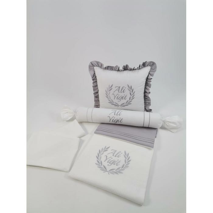 Pike takımı 5 parça nakış işlemeli beyaz waffle pike - gri poplin