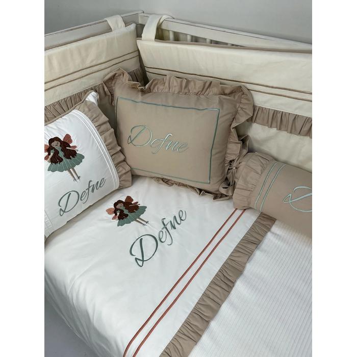 Pike takımı 6 parça beyaz fitilli pike - bej poplin