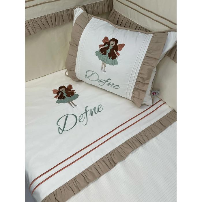 Pike takımı 6 parça beyaz fitilli pike - bej poplin