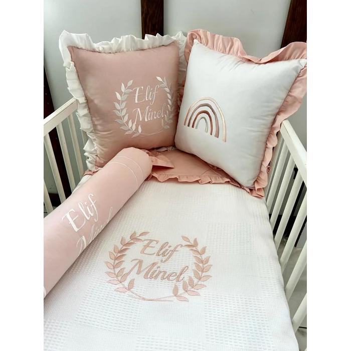 Pike takımı 6 parça beyaz waffle pike  - somon rengi poplin