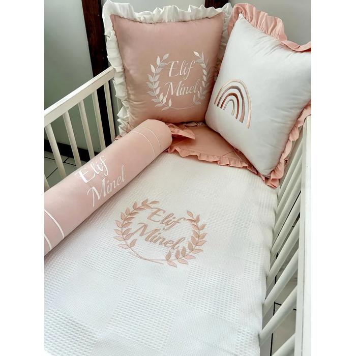 Pike takımı 6 parça beyaz waffle pike  - somon rengi poplin