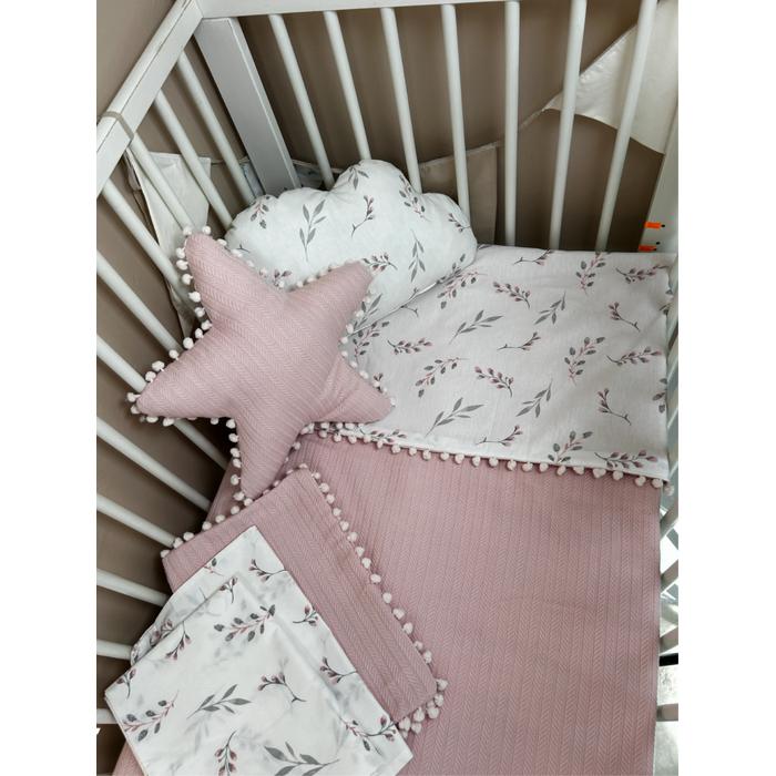 Pike takımı 6 parça pudra pembe örgü pike - pembe zeytin dalı desenli poplin