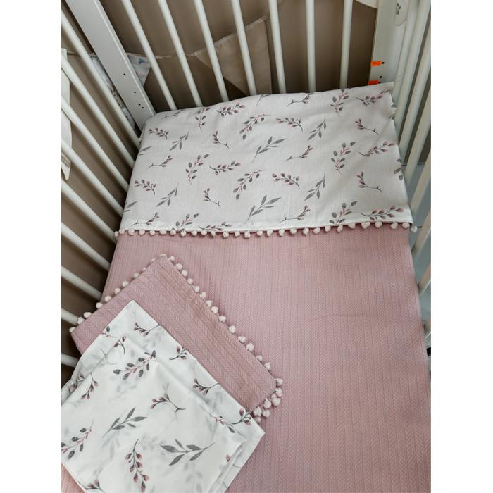 Pike takımı 6 parça pudra pembe örgü pike - pembe zeytin dalı desenli poplin