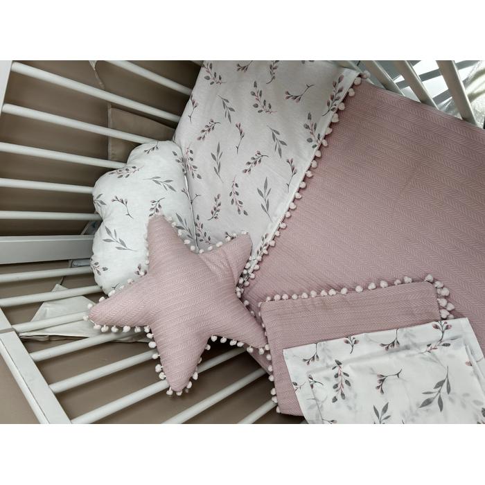 Pike takımı 6 parça pudra pembe örgü pike - pembe zeytin dalı desenli poplin