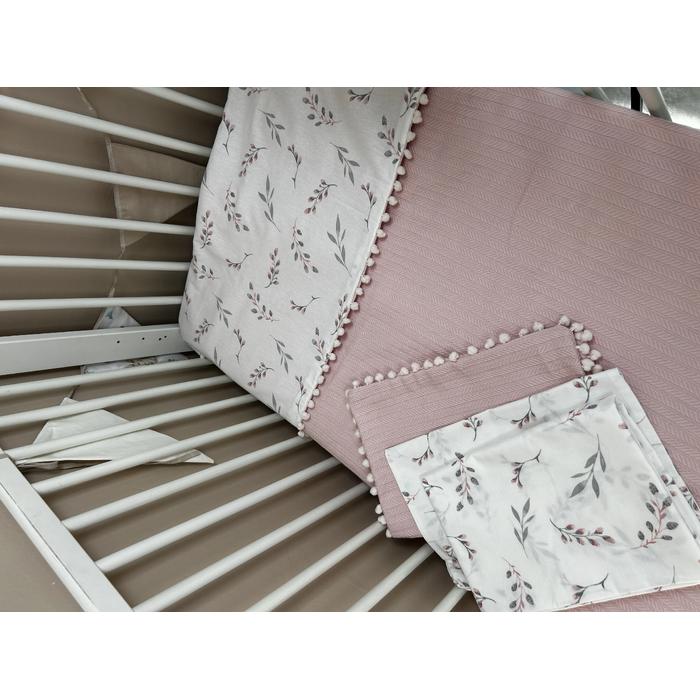 Pike takımı 6 parça pudra pembe örgü pike - pembe zeytin dalı desenli poplin