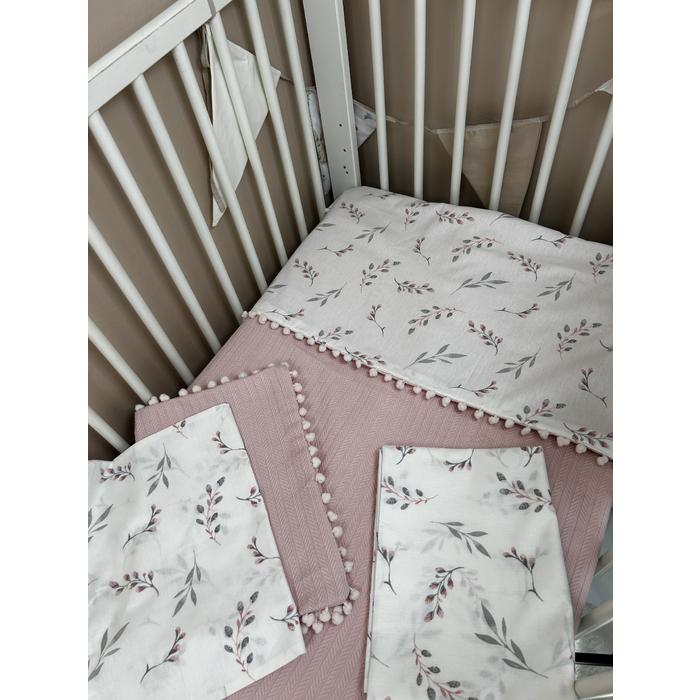 Pike takımı 6 parça pudra pembe örgü pike - pembe zeytin dalı desenli poplin